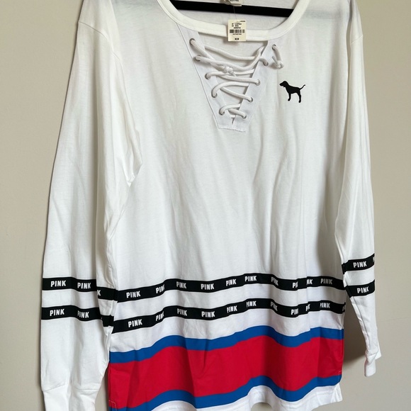 PINK Victoria’s Secret White Varsity Stripe Lace Up Long Sleeve Top Size Medium - Picture 3 of 8